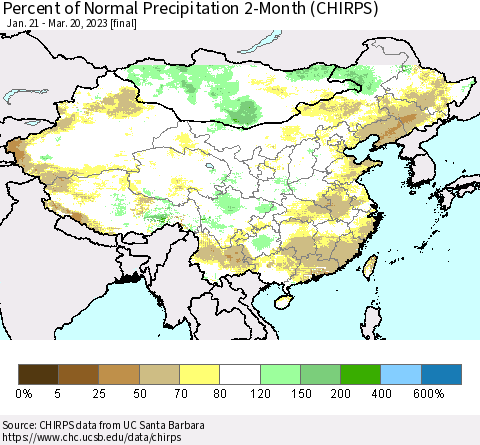 China, Mongolia and Taiwan Percent of Normal Precipitation 2-Month (CHIRPS) Thematic Map For 1/21/2023 - 3/20/2023