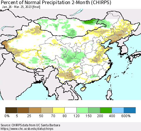China, Mongolia and Taiwan Percent of Normal Precipitation 2-Month (CHIRPS) Thematic Map For 1/26/2023 - 3/25/2023