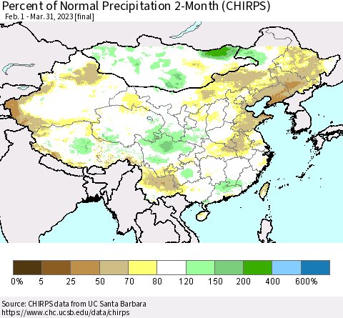 China, Mongolia and Taiwan Percent of Normal Precipitation 2-Month (CHIRPS) Thematic Map For 2/1/2023 - 3/31/2023