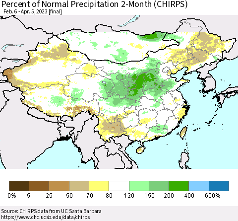 China, Mongolia and Taiwan Percent of Normal Precipitation 2-Month (CHIRPS) Thematic Map For 2/6/2023 - 4/5/2023