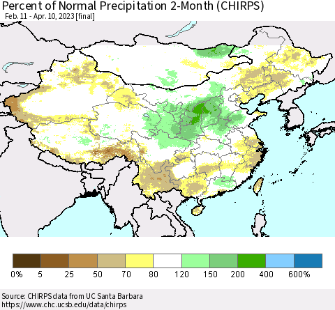 China, Mongolia and Taiwan Percent of Normal Precipitation 2-Month (CHIRPS) Thematic Map For 2/11/2023 - 4/10/2023