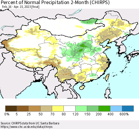China, Mongolia and Taiwan Percent of Normal Precipitation 2-Month (CHIRPS) Thematic Map For 2/16/2023 - 4/15/2023