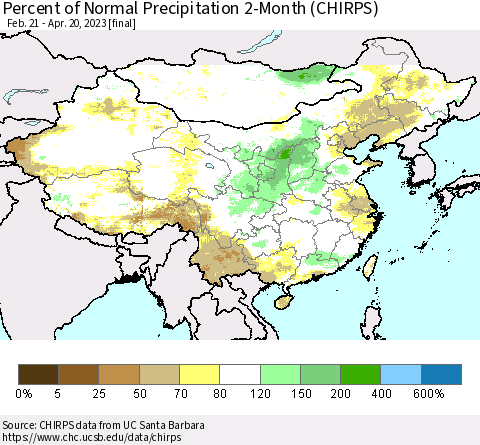 China, Mongolia and Taiwan Percent of Normal Precipitation 2-Month (CHIRPS) Thematic Map For 2/21/2023 - 4/20/2023