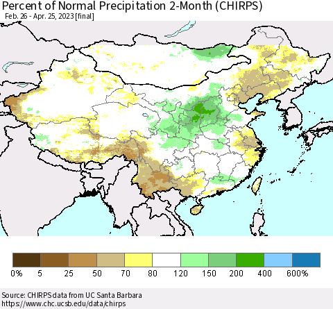 China, Mongolia and Taiwan Percent of Normal Precipitation 2-Month (CHIRPS) Thematic Map For 2/26/2023 - 4/25/2023