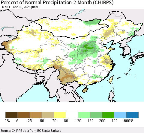 China, Mongolia and Taiwan Percent of Normal Precipitation 2-Month (CHIRPS) Thematic Map For 3/1/2023 - 4/30/2023