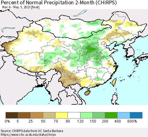 China, Mongolia and Taiwan Percent of Normal Precipitation 2-Month (CHIRPS) Thematic Map For 3/6/2023 - 5/5/2023