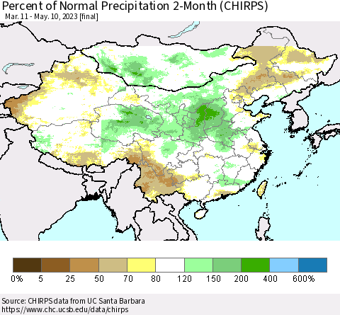 China, Mongolia and Taiwan Percent of Normal Precipitation 2-Month (CHIRPS) Thematic Map For 3/11/2023 - 5/10/2023