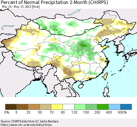 China, Mongolia and Taiwan Percent of Normal Precipitation 2-Month (CHIRPS) Thematic Map For 3/16/2023 - 5/15/2023