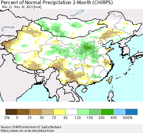 China, Mongolia and Taiwan Percent of Normal Precipitation 2-Month (CHIRPS) Thematic Map For 3/21/2023 - 5/20/2023