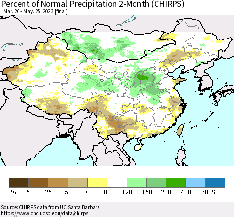 China, Mongolia and Taiwan Percent of Normal Precipitation 2-Month (CHIRPS) Thematic Map For 3/26/2023 - 5/25/2023