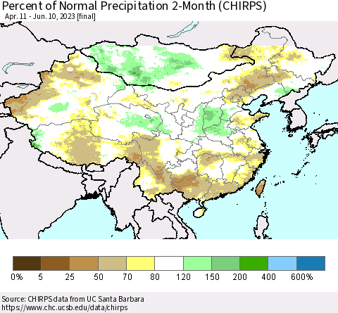 China, Mongolia and Taiwan Percent of Normal Precipitation 2-Month (CHIRPS) Thematic Map For 4/11/2023 - 6/10/2023