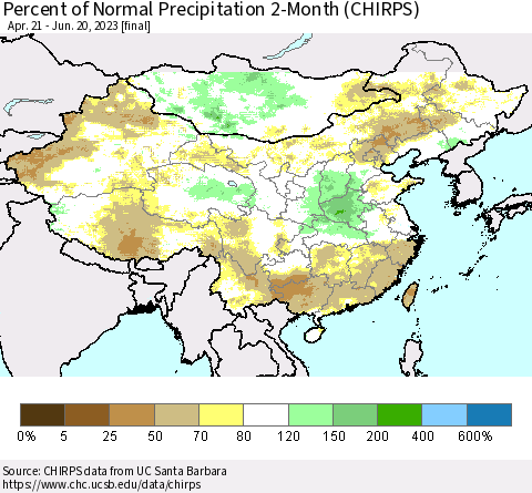 China, Mongolia and Taiwan Percent of Normal Precipitation 2-Month (CHIRPS) Thematic Map For 4/21/2023 - 6/20/2023