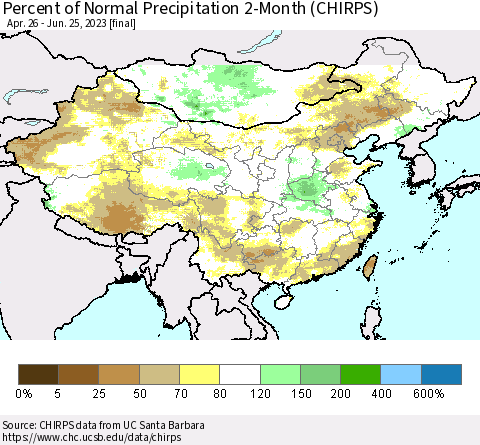 China, Mongolia and Taiwan Percent of Normal Precipitation 2-Month (CHIRPS) Thematic Map For 4/26/2023 - 6/25/2023