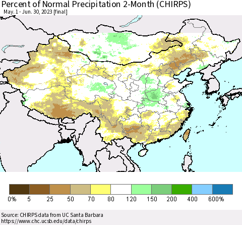China, Mongolia and Taiwan Percent of Normal Precipitation 2-Month (CHIRPS) Thematic Map For 5/1/2023 - 6/30/2023
