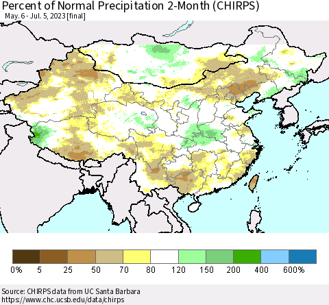 China, Mongolia and Taiwan Percent of Normal Precipitation 2-Month (CHIRPS) Thematic Map For 5/6/2023 - 7/5/2023
