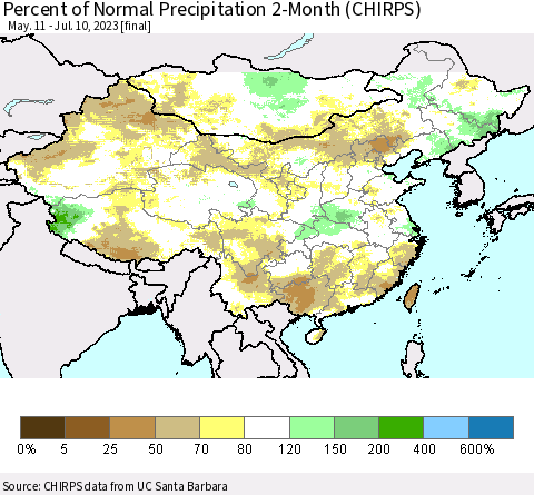 China, Mongolia and Taiwan Percent of Normal Precipitation 2-Month (CHIRPS) Thematic Map For 5/11/2023 - 7/10/2023