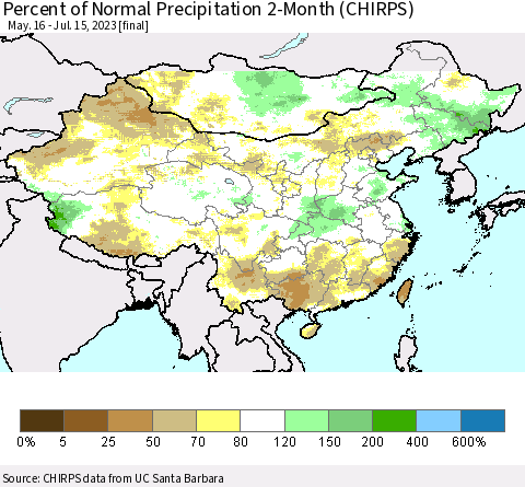 China, Mongolia and Taiwan Percent of Normal Precipitation 2-Month (CHIRPS) Thematic Map For 5/16/2023 - 7/15/2023