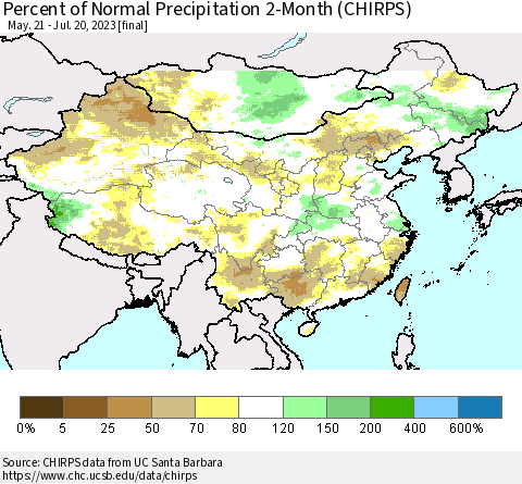 China, Mongolia and Taiwan Percent of Normal Precipitation 2-Month (CHIRPS) Thematic Map For 5/21/2023 - 7/20/2023