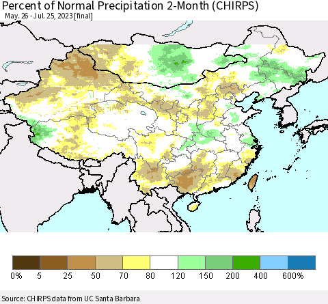 China, Mongolia and Taiwan Percent of Normal Precipitation 2-Month (CHIRPS) Thematic Map For 5/26/2023 - 7/25/2023