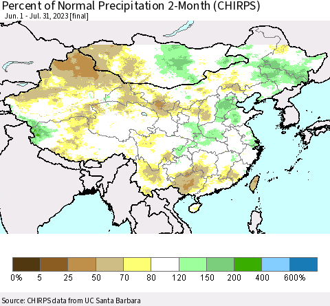 China, Mongolia and Taiwan Percent of Normal Precipitation 2-Month (CHIRPS) Thematic Map For 6/1/2023 - 7/31/2023