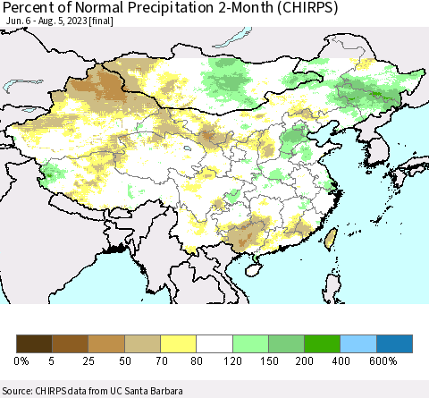 China, Mongolia and Taiwan Percent of Normal Precipitation 2-Month (CHIRPS) Thematic Map For 6/6/2023 - 8/5/2023
