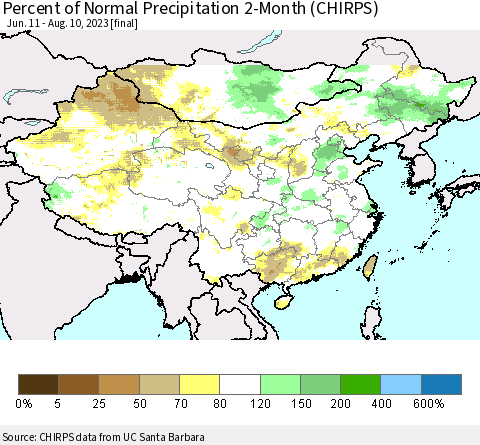 China, Mongolia and Taiwan Percent of Normal Precipitation 2-Month (CHIRPS) Thematic Map For 6/11/2023 - 8/10/2023