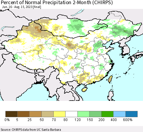 China, Mongolia and Taiwan Percent of Normal Precipitation 2-Month (CHIRPS) Thematic Map For 6/16/2023 - 8/15/2023