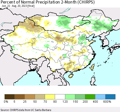 China, Mongolia and Taiwan Percent of Normal Precipitation 2-Month (CHIRPS) Thematic Map For 6/21/2023 - 8/20/2023