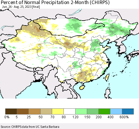 China, Mongolia and Taiwan Percent of Normal Precipitation 2-Month (CHIRPS) Thematic Map For 6/26/2023 - 8/25/2023