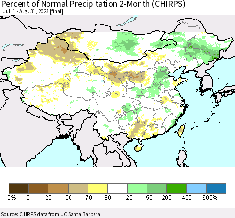 China, Mongolia and Taiwan Percent of Normal Precipitation 2-Month (CHIRPS) Thematic Map For 7/1/2023 - 8/31/2023