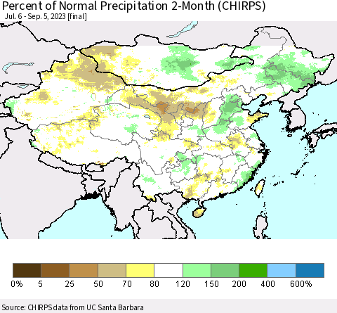 China, Mongolia and Taiwan Percent of Normal Precipitation 2-Month (CHIRPS) Thematic Map For 7/6/2023 - 9/5/2023
