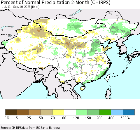 China, Mongolia and Taiwan Percent of Normal Precipitation 2-Month (CHIRPS) Thematic Map For 7/11/2023 - 9/10/2023