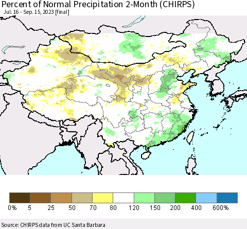 China, Mongolia and Taiwan Percent of Normal Precipitation 2-Month (CHIRPS) Thematic Map For 7/16/2023 - 9/15/2023