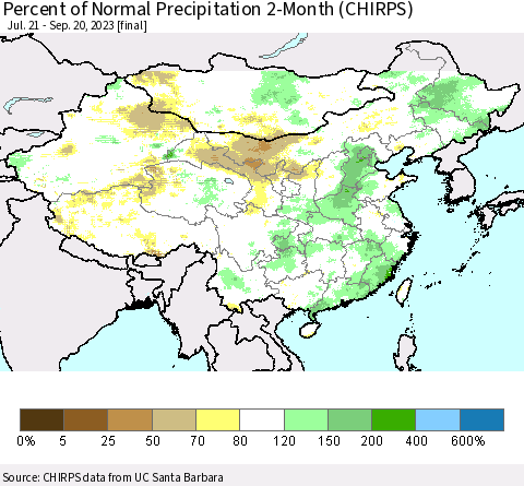 China, Mongolia and Taiwan Percent of Normal Precipitation 2-Month (CHIRPS) Thematic Map For 7/21/2023 - 9/20/2023