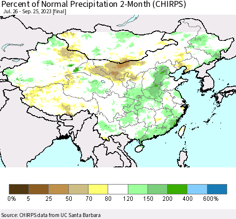 China, Mongolia and Taiwan Percent of Normal Precipitation 2-Month (CHIRPS) Thematic Map For 7/26/2023 - 9/25/2023