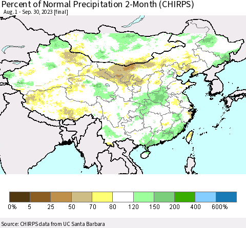China, Mongolia and Taiwan Percent of Normal Precipitation 2-Month (CHIRPS) Thematic Map For 8/1/2023 - 9/30/2023