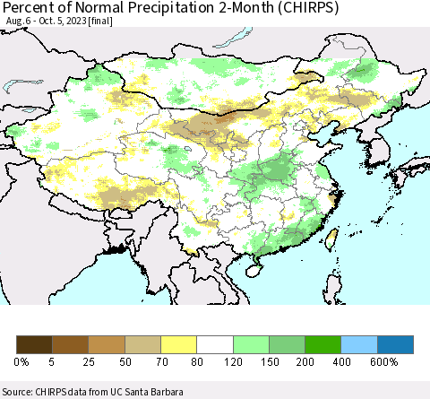 China, Mongolia and Taiwan Percent of Normal Precipitation 2-Month (CHIRPS) Thematic Map For 8/6/2023 - 10/5/2023
