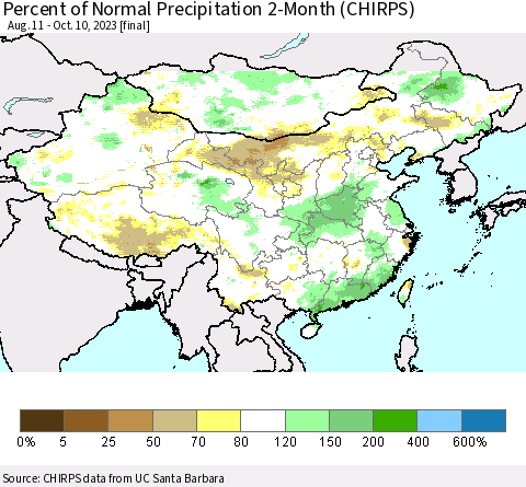 China, Mongolia and Taiwan Percent of Normal Precipitation 2-Month (CHIRPS) Thematic Map For 8/11/2023 - 10/10/2023