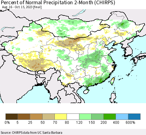 China, Mongolia and Taiwan Percent of Normal Precipitation 2-Month (CHIRPS) Thematic Map For 8/16/2023 - 10/15/2023