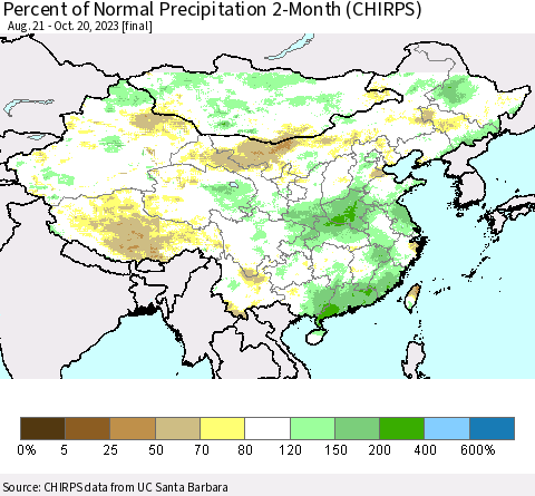 China, Mongolia and Taiwan Percent of Normal Precipitation 2-Month (CHIRPS) Thematic Map For 8/21/2023 - 10/20/2023