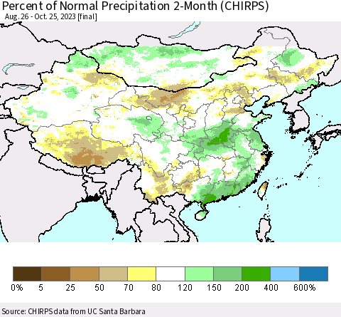 China, Mongolia and Taiwan Percent of Normal Precipitation 2-Month (CHIRPS) Thematic Map For 8/26/2023 - 10/25/2023