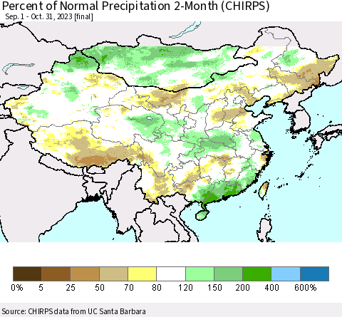 China, Mongolia and Taiwan Percent of Normal Precipitation 2-Month (CHIRPS) Thematic Map For 9/1/2023 - 10/31/2023