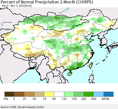 China, Mongolia and Taiwan Percent of Normal Precipitation 2-Month (CHIRPS) Thematic Map For 9/6/2023 - 11/5/2023