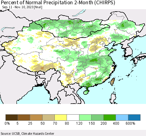 China, Mongolia and Taiwan Percent of Normal Precipitation 2-Month (CHIRPS) Thematic Map For 9/11/2023 - 11/10/2023