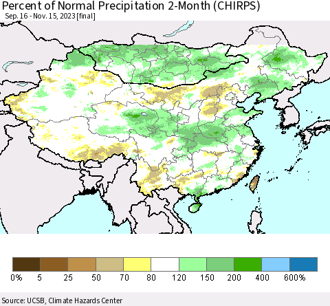 China, Mongolia and Taiwan Percent of Normal Precipitation 2-Month (CHIRPS) Thematic Map For 9/16/2023 - 11/15/2023