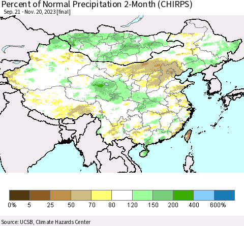China, Mongolia and Taiwan Percent of Normal Precipitation 2-Month (CHIRPS) Thematic Map For 9/21/2023 - 11/20/2023