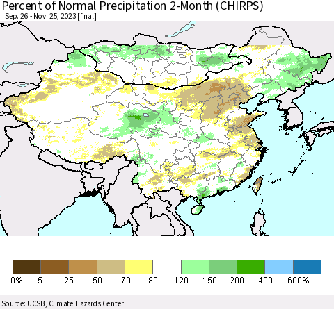 China, Mongolia and Taiwan Percent of Normal Precipitation 2-Month (CHIRPS) Thematic Map For 9/26/2023 - 11/25/2023