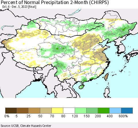 China, Mongolia and Taiwan Percent of Normal Precipitation 2-Month (CHIRPS) Thematic Map For 10/6/2023 - 12/5/2023