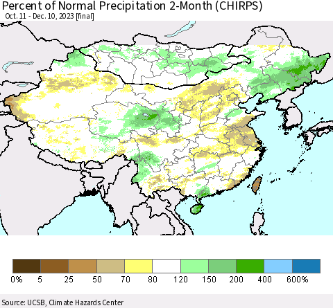 China, Mongolia and Taiwan Percent of Normal Precipitation 2-Month (CHIRPS) Thematic Map For 10/11/2023 - 12/10/2023