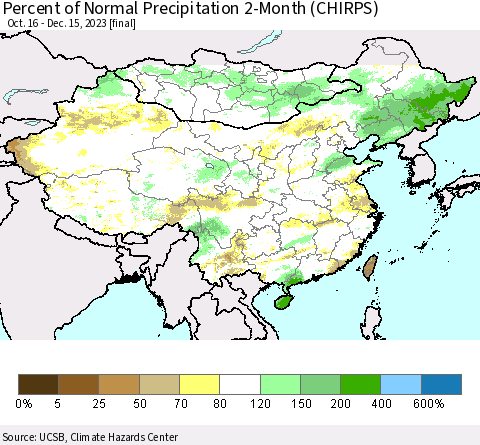 China, Mongolia and Taiwan Percent of Normal Precipitation 2-Month (CHIRPS) Thematic Map For 10/16/2023 - 12/15/2023